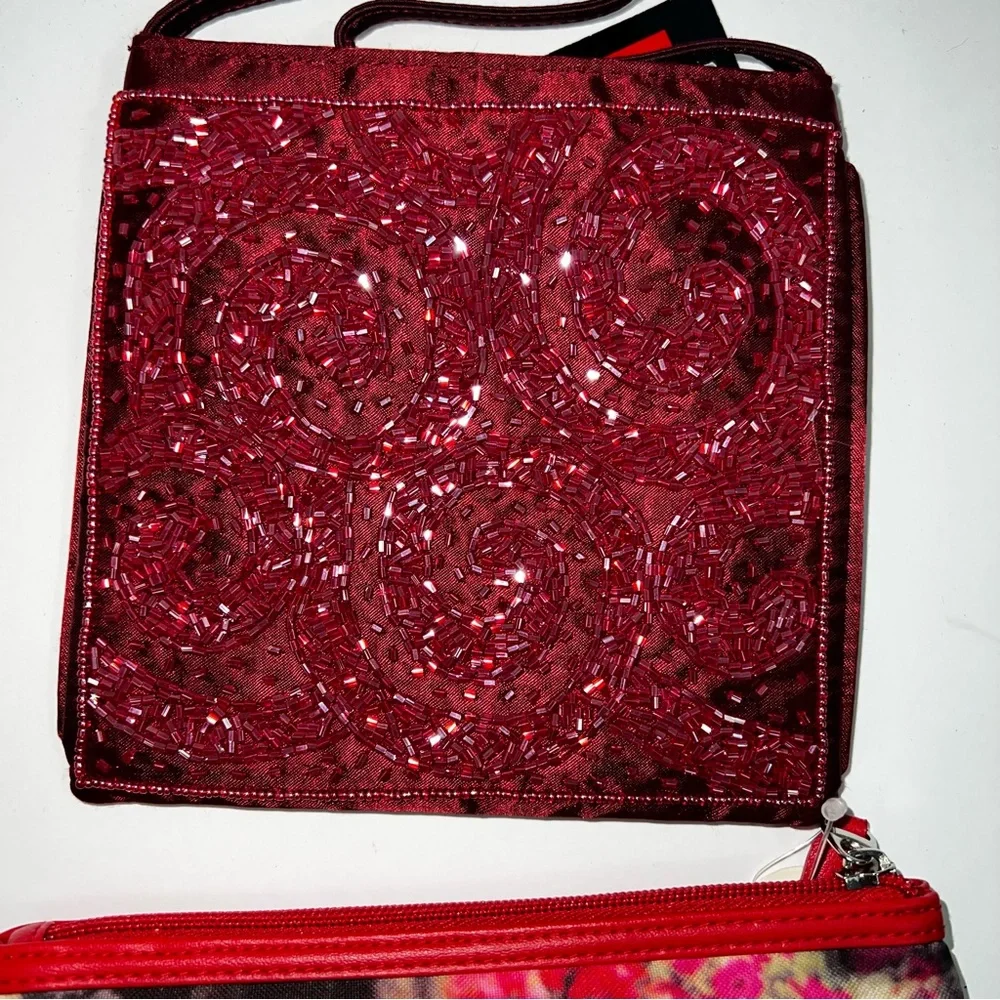 Beaded Burgundy Square Wristlet & Dog Print Coin Pouch Cosmetic bag- lot